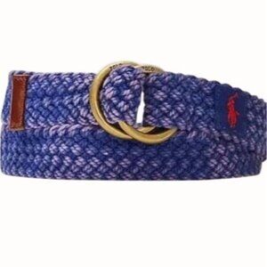 Polo Ralph Lauren Blue Webbed Cotton ORing Belt Leather Trim Braided New Medium